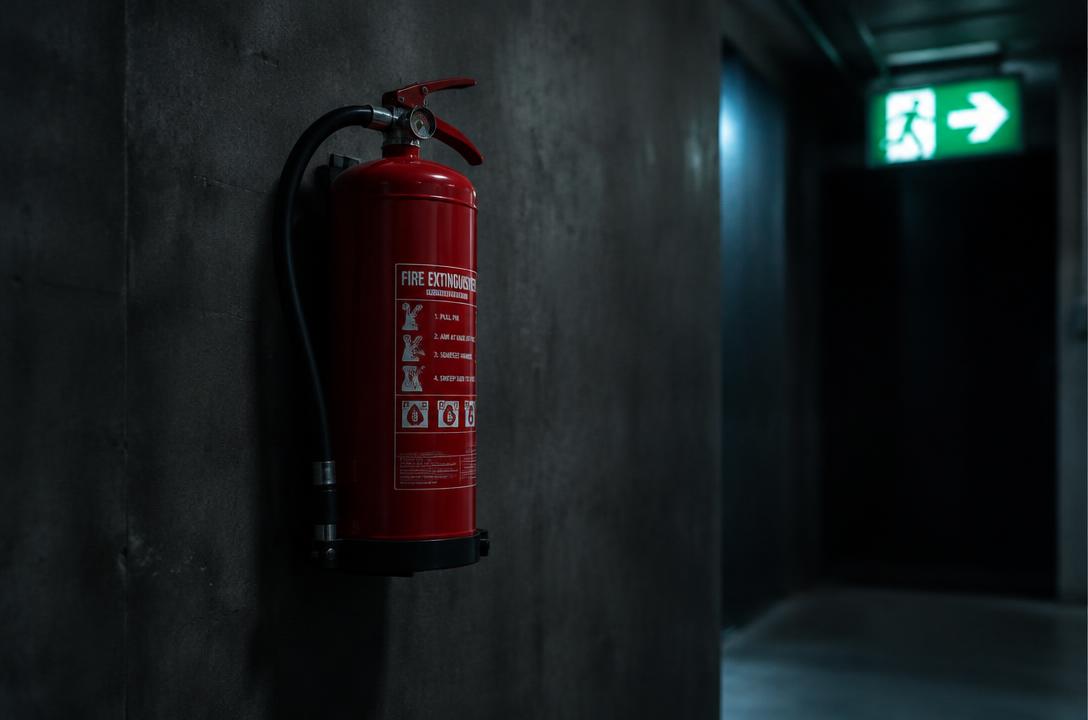 Extintor vermelho em parede de concreto com sinalização de saída de emergência